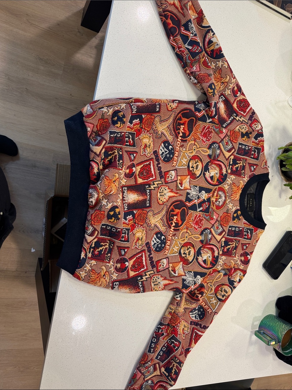 Zara Multicolor Graphic Crewneck Sweater with Black Trim